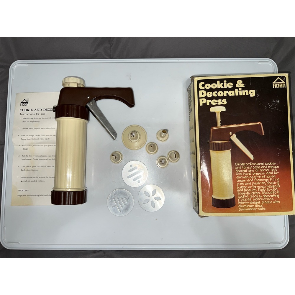 Vintage‎ 1979 Hoan Cookie & Decorating Press 3 Discs & 6 Nozzles Missing Discs
